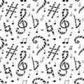 Treble and bass clefs flat sharp natural and notes. Seamless pattern of musical symbols